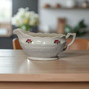 Rare 1940s The Edwin M. Knowles China Co Victorian Floral Gravy Boat 7.4" x 3.4"